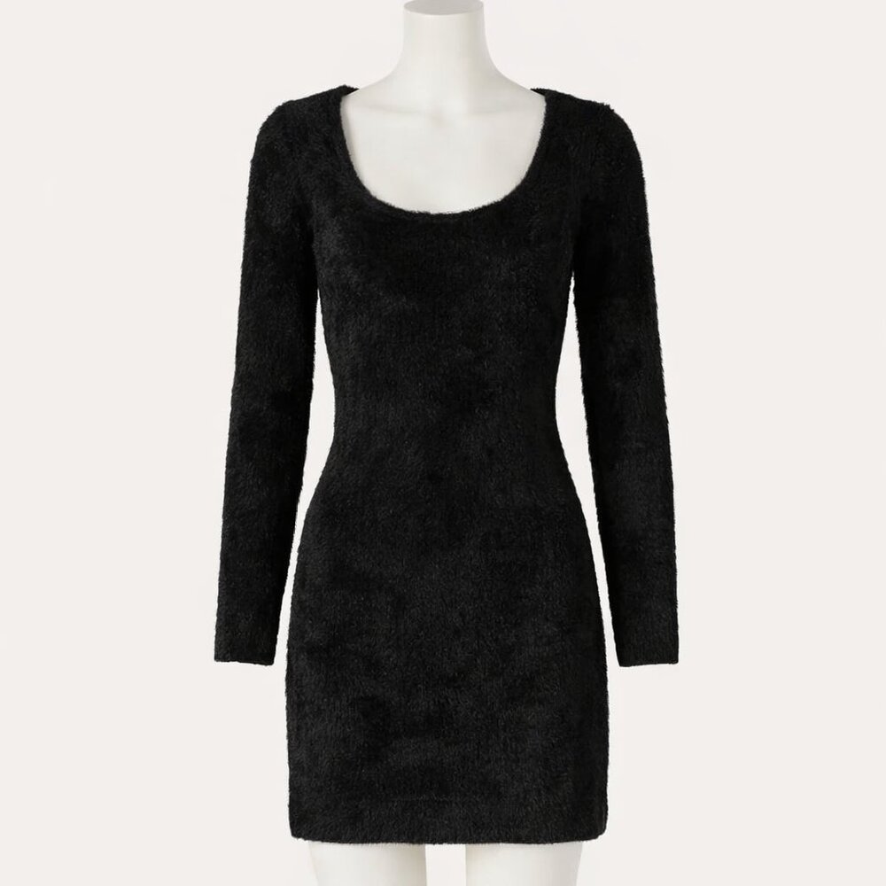 Aritzia Sunday Best Fuzzy Black Long Sleeve Mini Dress (Montgomery Dress) Size M